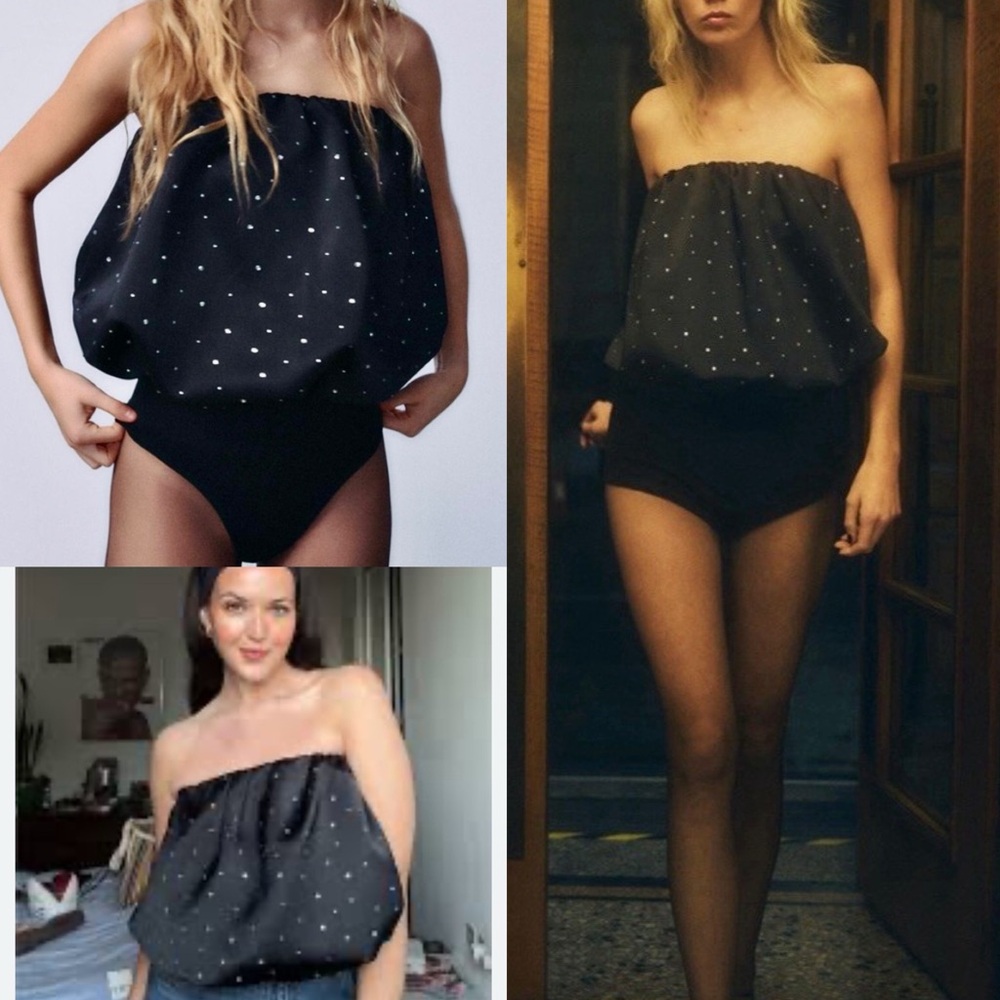 Zara Black Strapless Top with White Polka Dots